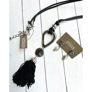 NEW NWT Chico's Felicia Black Silver Tassel Leather Cord Necklace Set $49.90 Tag